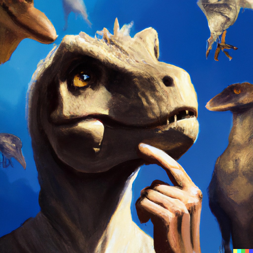 Philosopher Raptor thinking about the feadered dinosaurs digital art